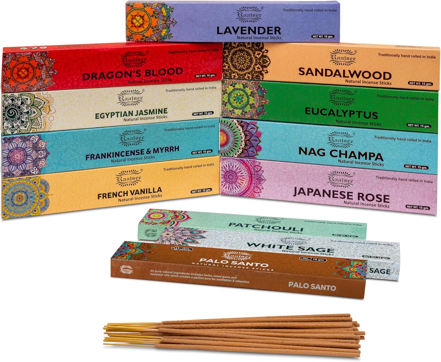 Raajsee Incense Sticks Assorted Pack (180 gm), 100% Pure Organic Natural Hand Rolled Free from Chemicals - Perfect for Aromatherapy, Cleansing, Meditation, and Church (12 Pack)
