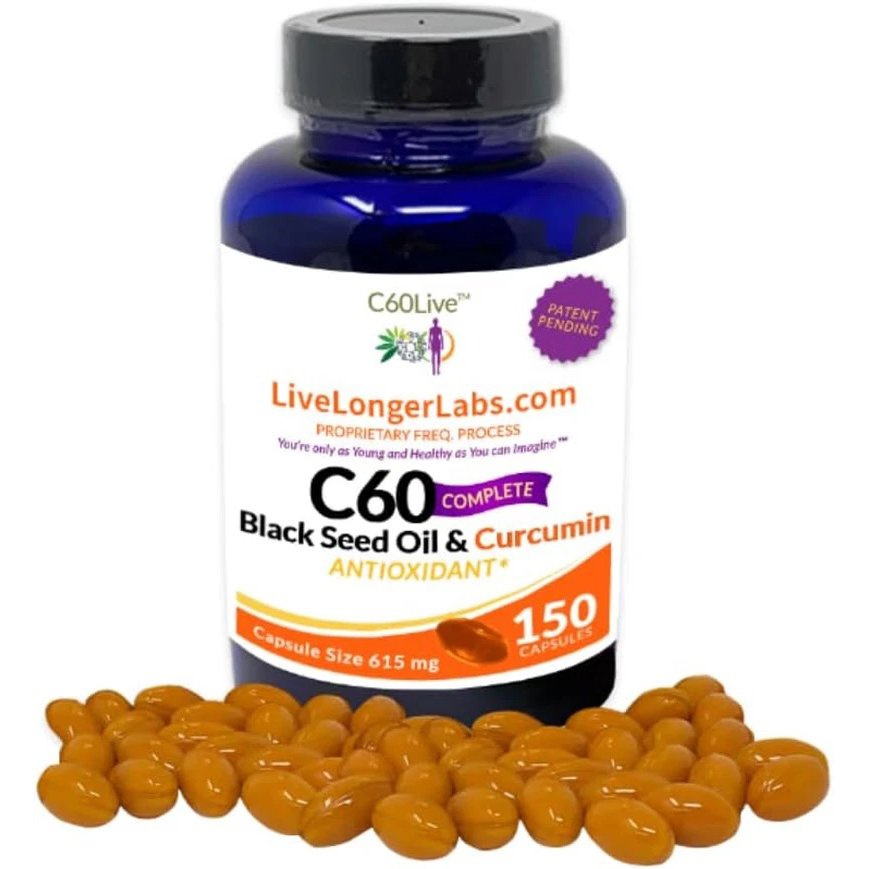 C60 Complete - Carbon 60 (Fullerene) with Black Seed Oil & Curcumin - Antioxidant Supplement - for Longevity & Cognitive Function - All Natural - 150 Gel Capsules