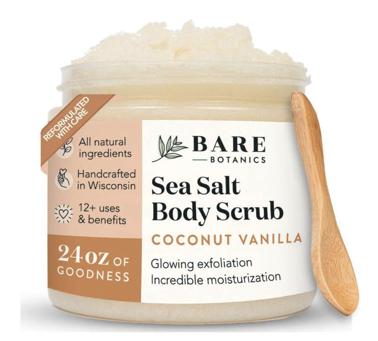 Bare Botanics Coconut Vanilla Body Scrub 24oz | Made in Madison, WI | All Natural Sea Salt Exfoliator w/ Skin Loving Moisturizers | Vegan & Cruelty Free | Gift Ready Packaging w/ a Cute Wooden Spoon