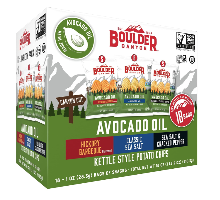 Boulder Canyon Avocado Oil Kettle Style Potato Chips Variety Pack, 18 Count - Gluten-Free, Non-GMO, Hickory Barbecue, Classic Sea Salt, Sea Salt & Cracked Pepper (1 oz Bags)