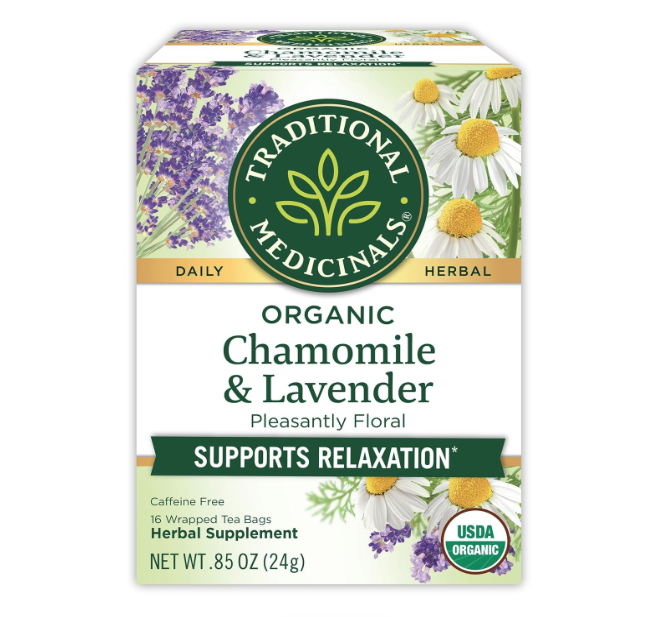 Traditional Medicinals Organic, Chamomile & Lavender - Chamomile Tea Supporting Stress Relief and Relaxation - Kosher, Non-GMO, Caffeine-Free, Compostable - 16 Tea Bags