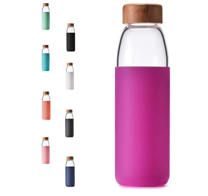 Veegoal 18 Oz Borosilicate Glass Water Bottles with Bamboo Lid, BPA-FREE, Non-Slip Silicone Sleeve, and Stainless Steel Leak Proof Lid - Reusable Glass Bottle for Men and Women