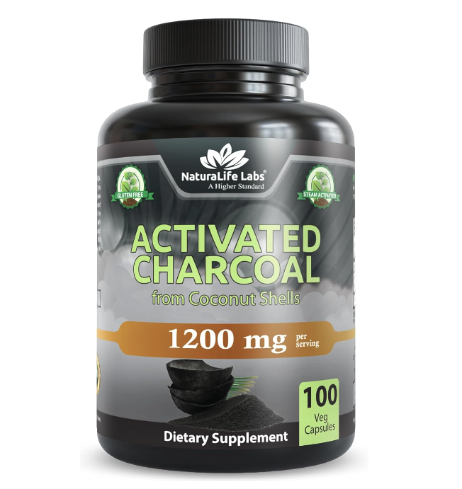 NaturaLife Labs Activated Charcoal 1200 mg per Serving – from Coconut Shells – 100 Veg Capsules – Non-GMO, Gluten-Free, Vegan
