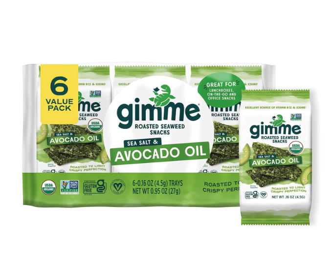 Gimme Seaweed Organic Premium Roasted Seaweed Snacks, Sea Salt & Avocado Oil, 6 Count, Keto, Vegan, Gluten-Free, Great Source of Omega 3s and Iodine, Healthy On-The-Go Snack for Kids and Adults