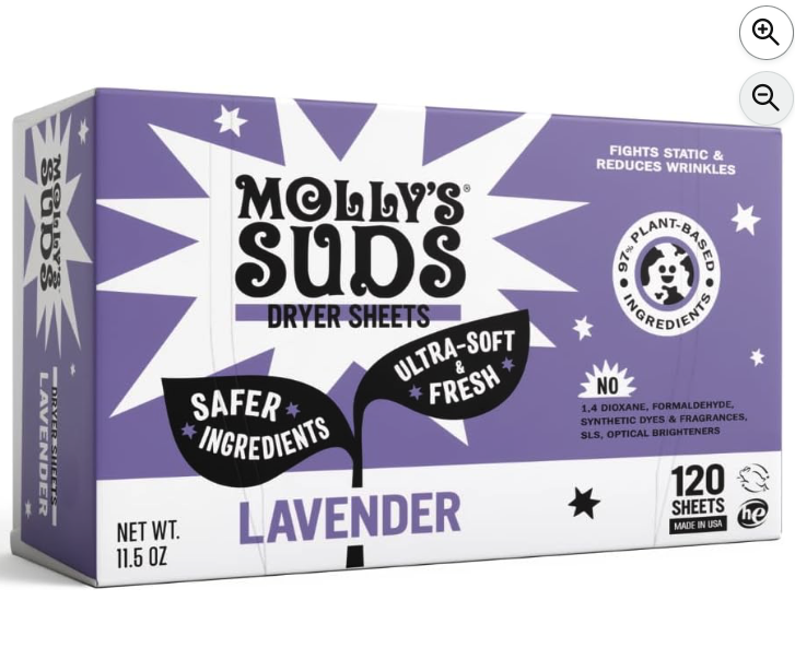 Molly's Suds Fabric Softener Dryer Sheets for Sensitive Skin | Plant-Based Static Reducer, Plastic-Free Packaging | Lavender (120 Sheets)