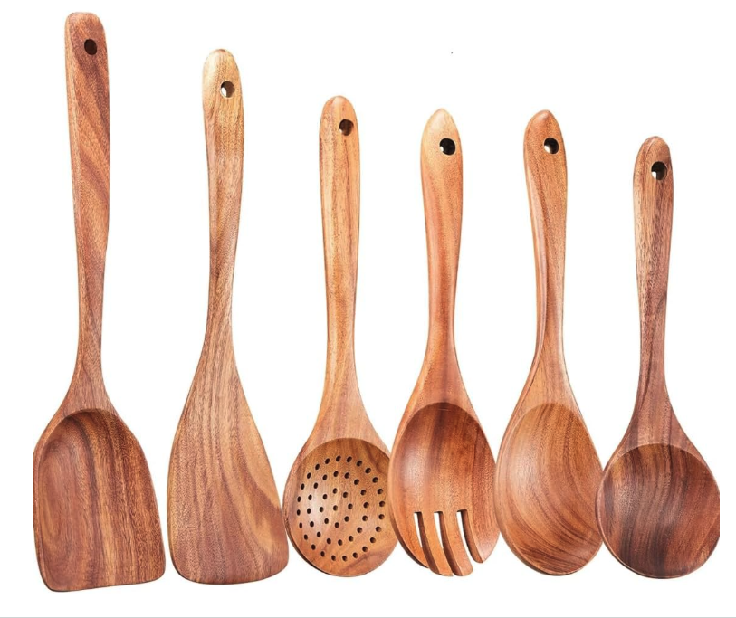 Gomoly Kitchen 6-Piece Wooden Spoons for Cooking - Smooth Finish Neem Wood Utensils for Cooking - Non-Stick Wooden Cooking Utensils - Wooden Spoon - Set of 6 pcs (Pure Neem Wood)