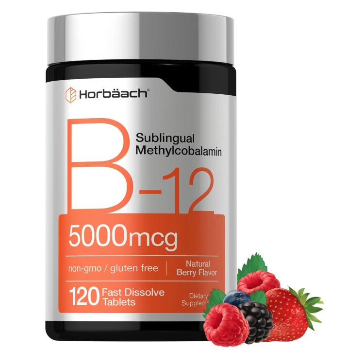 Horbäach B12 Vitamin 5000 mcg | 120 Fast Dissolve Tablets | Sublingual Methylcobalamin | Vegan, Non-GMO & Gluten Free Supplement