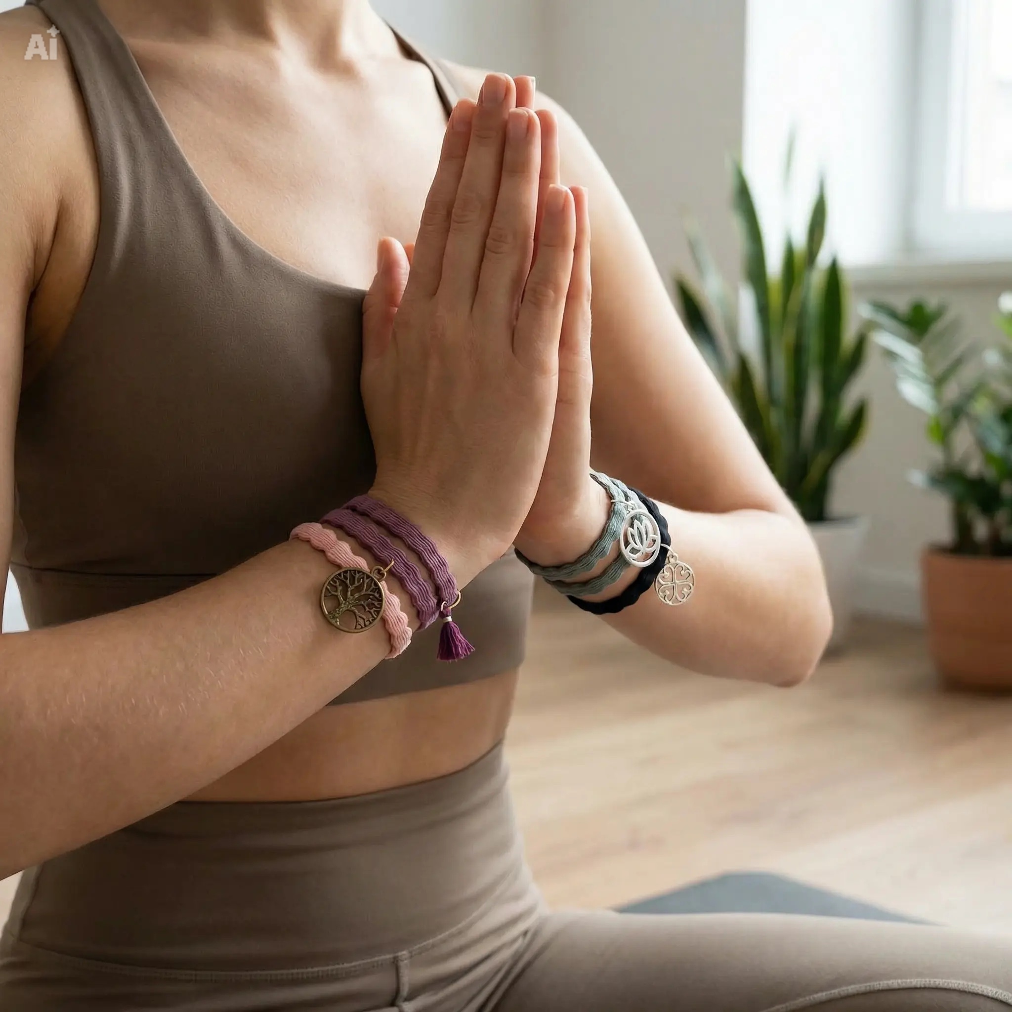 LIKERY 'Yoga' Haargummis & Armbänder – Weiche Stoffarmbänder in Rosa & Grau