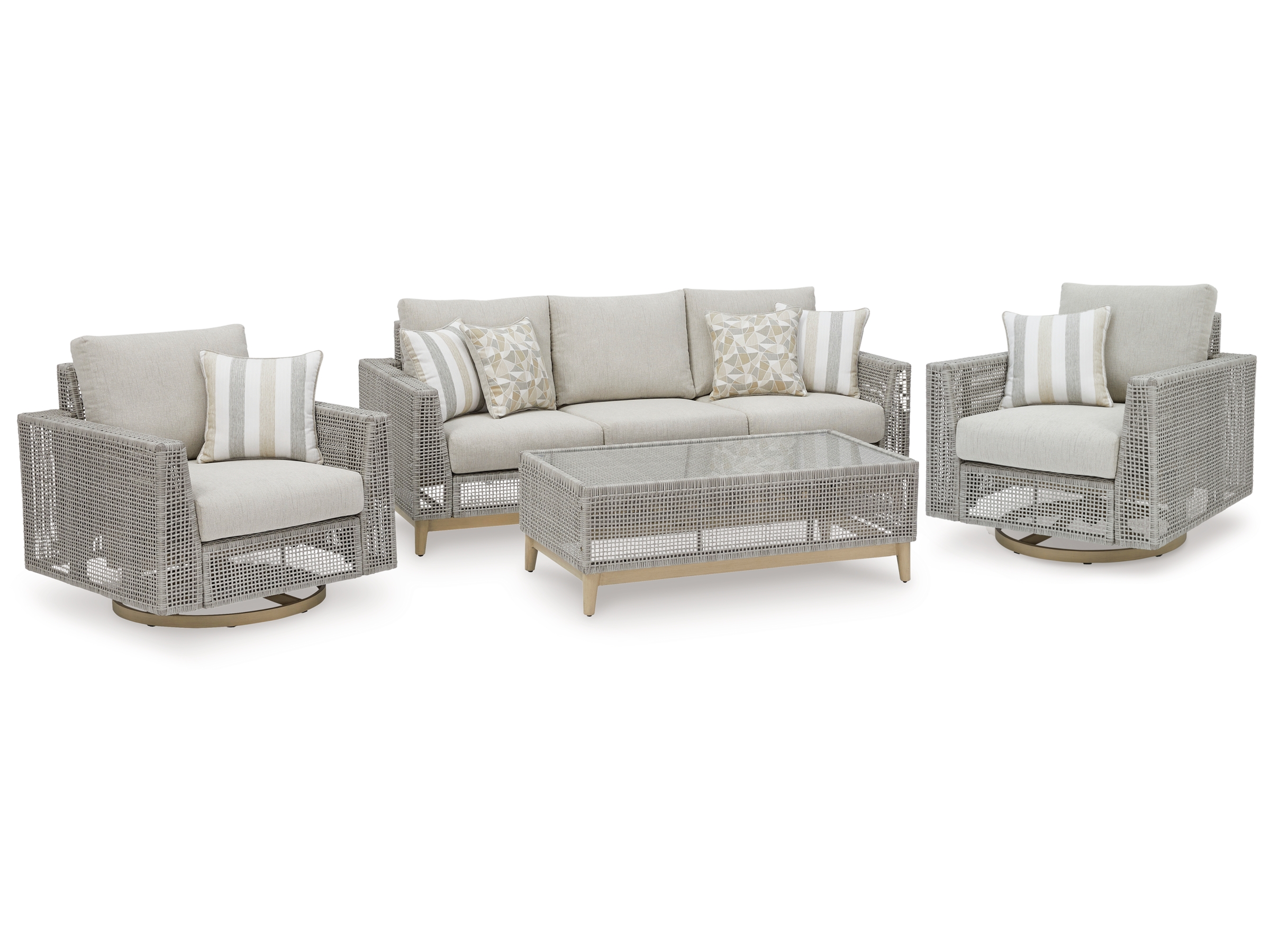 Seton Creek 4 Pc Set, Sofa + 2 Rocking Swivel Chairs + Glass Top Table