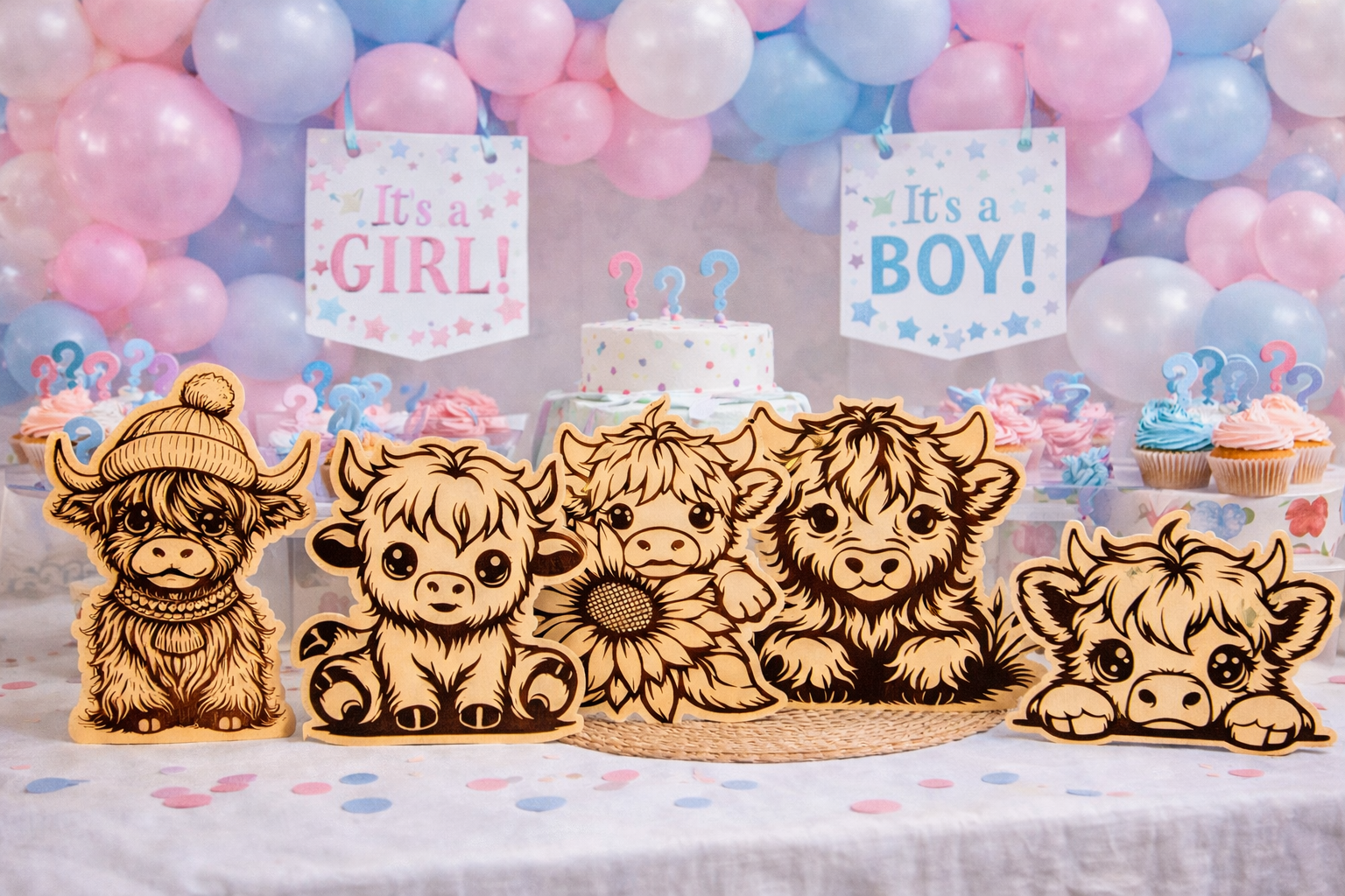 Boho Highland Cow Baby Shower Table Toppers – Set of 5