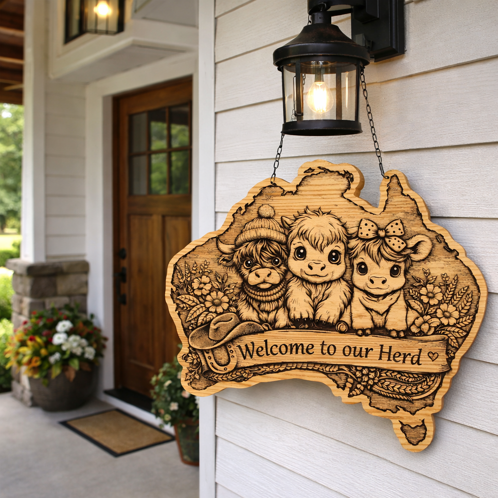 “Welcome to Our Herd” Highland Cow Door Sign – Engraved Statement Piece
