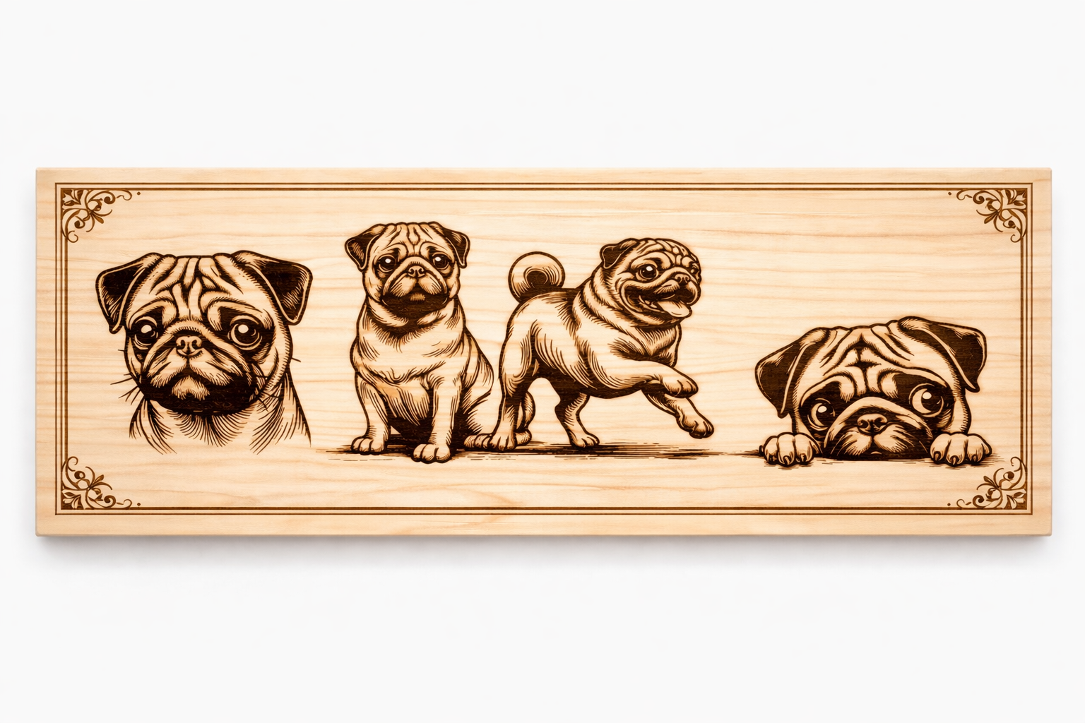 Handcrafted Engraved Pug Wall Art on Premium Pine