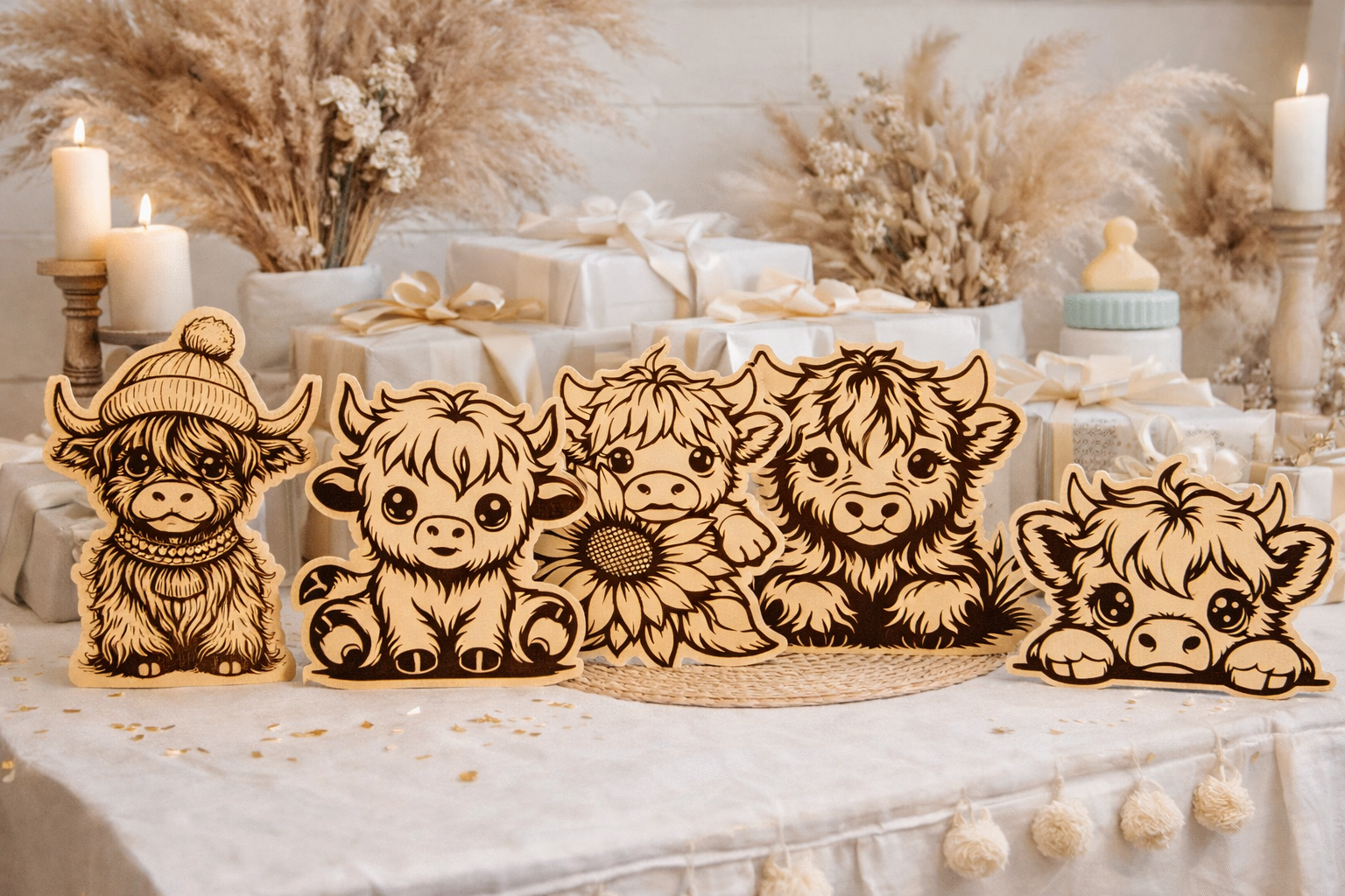 Boho Highland Cow Baby Shower Table Toppers – Set of 5