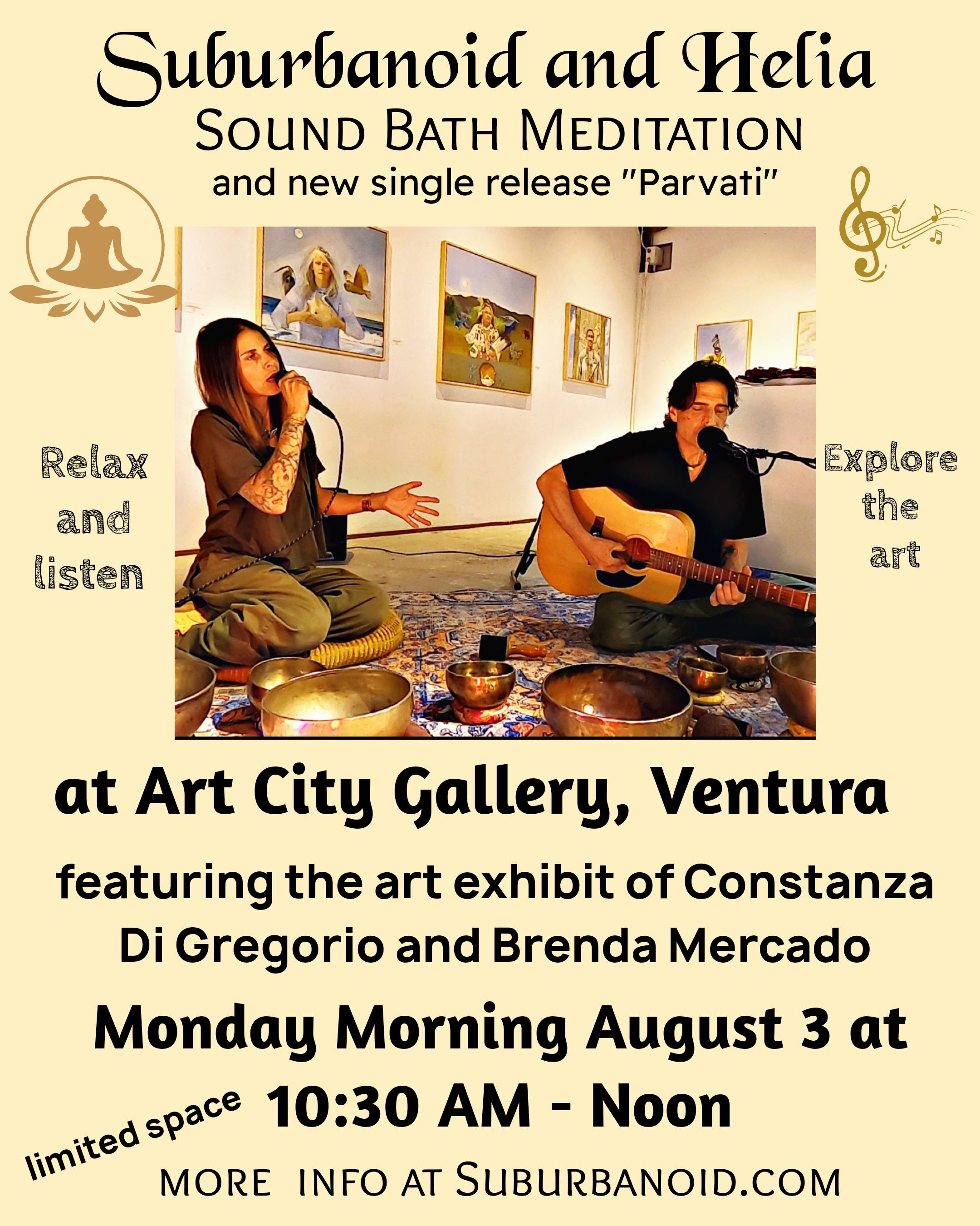 Suburbanoid and Helia Sound Bath Meditation Experience Monday Aug 3 at 10:30 AM 