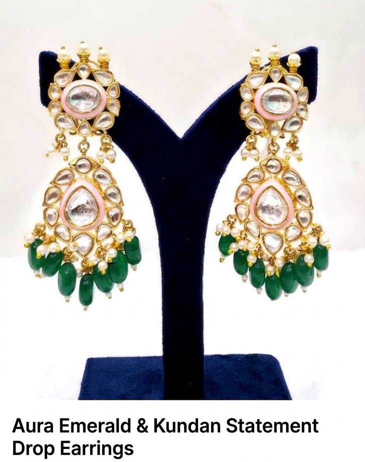Aura Emerald & Kundan Statement Green Drop Earrings