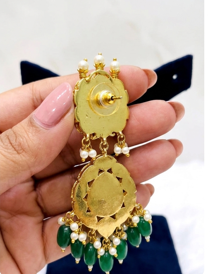 Aura Emerald & Kundan Statement Green Drop Earrings