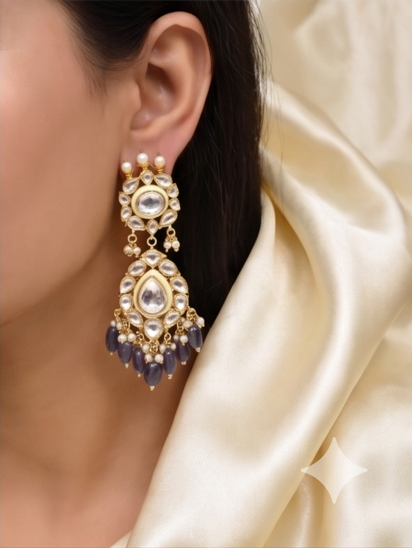 Kundan Statement Drop Earrings Blue