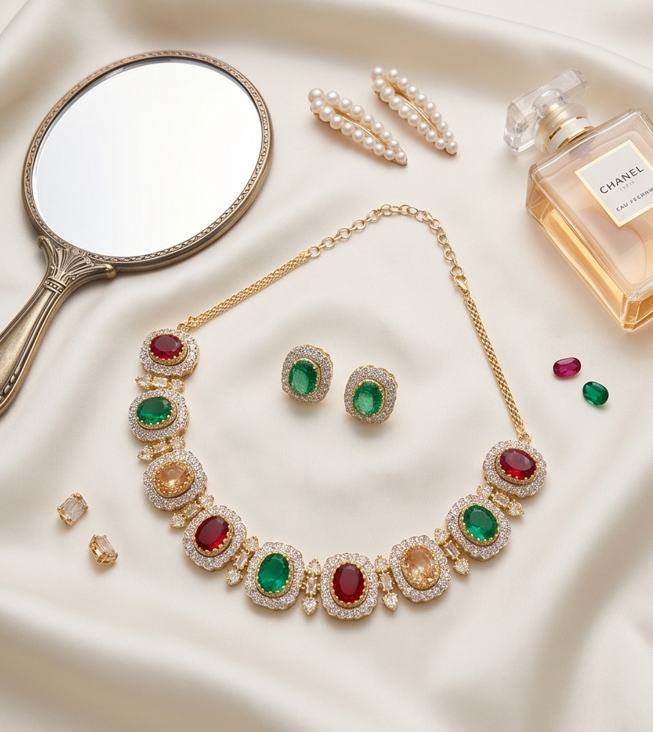 Elegant Gemstone Choker Necklace Set Multi-Stone  NEC-001