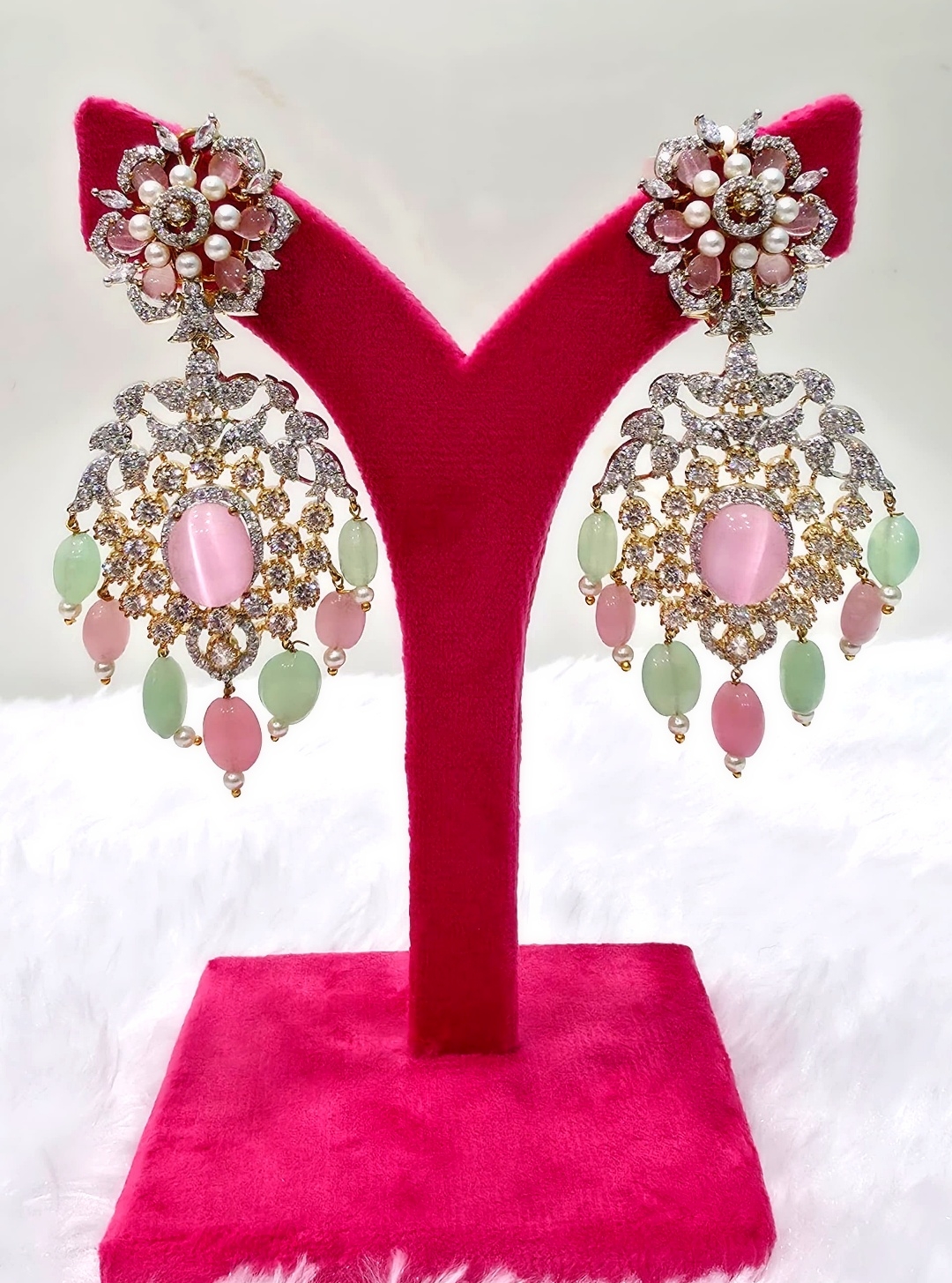 Elysian Blush & Mint Statement Crystal Chandbali Earrings