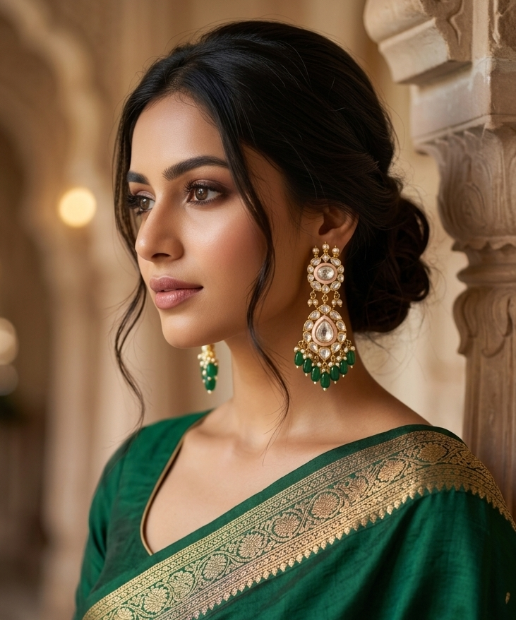 Aura Emerald & Kundan Statement Green Drop Earrings