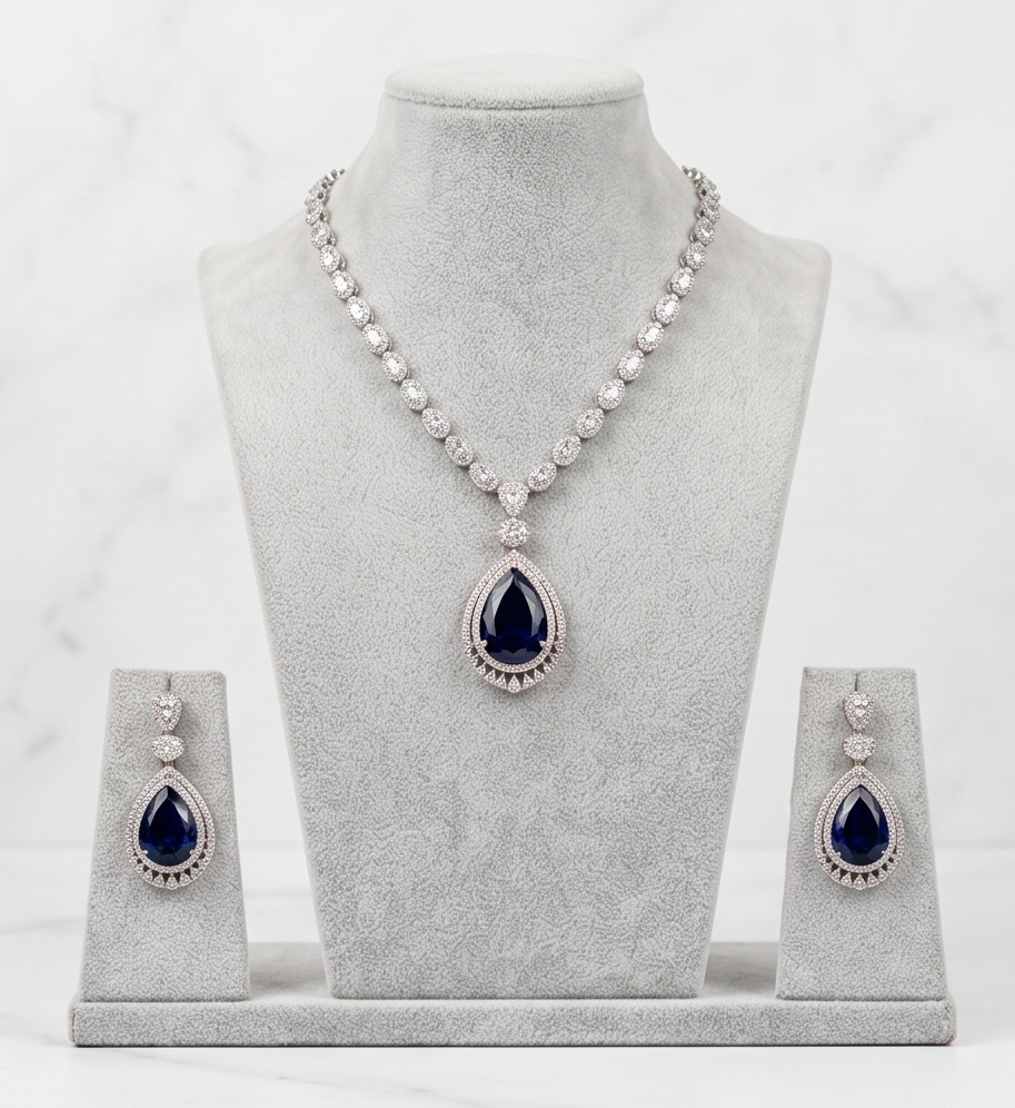 Blue Sapphire Necklace & Earring Set Blue NEC-005