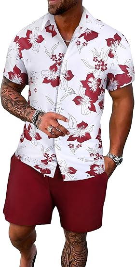 GORGLITTER Men's Vacation Beach Cruise Summer Outfits 2 Piece Shorts Set Hawaiian Button Down Shirt and Shorts