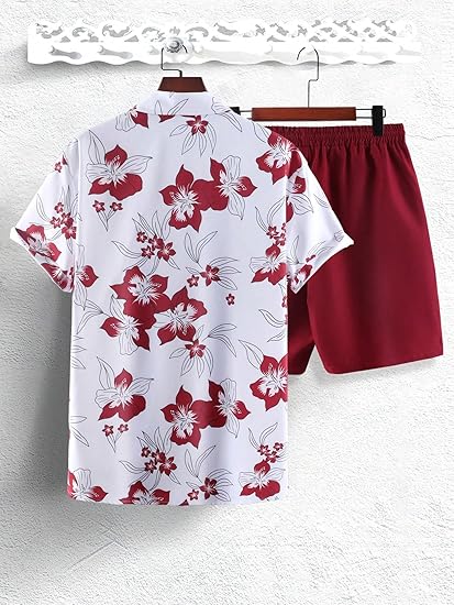 GORGLITTER Men's Vacation Beach Cruise Summer Outfits 2 Piece Shorts Set Hawaiian Button Down Shirt and Shorts