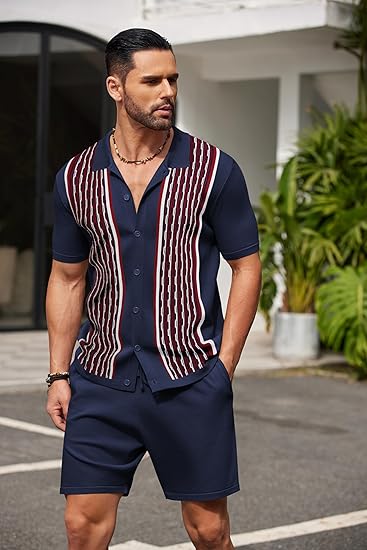 COOFANDY Men's 2 Piece Outfit Vintage Short Sleeve Button Down Knit Polo Shirts Casual Beach Shorts Sets