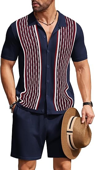 COOFANDY Men's 2 Piece Outfit Vintage Short Sleeve Button Down Knit Polo Shirts Casual Beach Shorts Sets