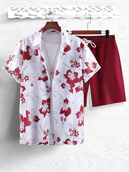 GORGLITTER Men's Vacation Beach Cruise Summer Outfits 2 Piece Shorts Set Hawaiian Button Down Shirt and Shorts