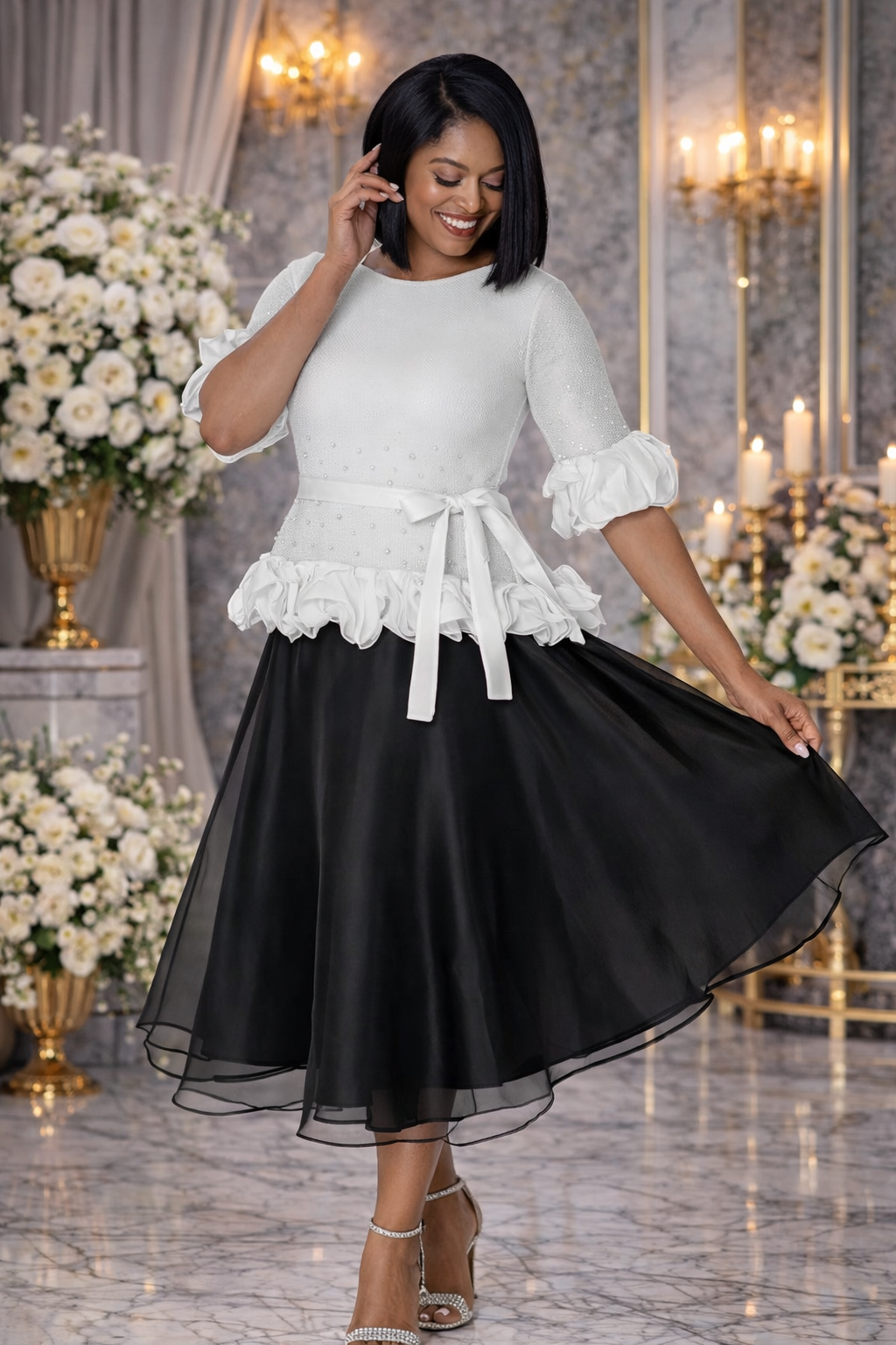 Elegant Black & White Midi Dress