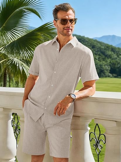 Runcati Mens Short Sleeve 2 Piece Sets Button Down Casual Summer Beach Vacation Linen Shirt and Shorts Outfit