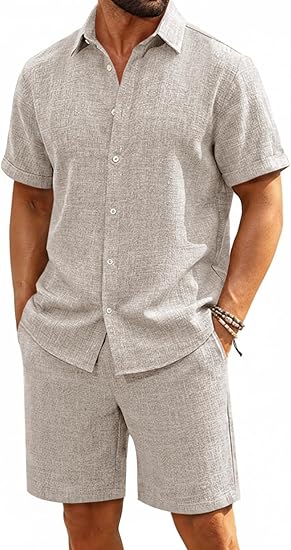 Runcati Mens Short Sleeve 2 Piece Sets Button Down Casual Summer Beach Vacation Linen Shirt and Shorts Outfit