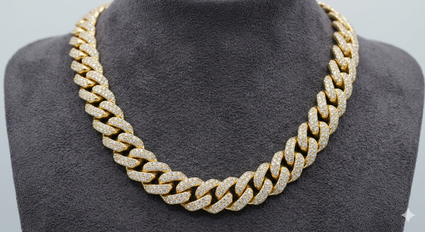 18K Yellow Gold Fully Paved Diamond Cuban Link Chain*