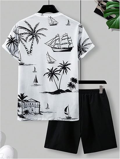 Men's 2 Piece Outfits Tropical Graphic Short Sleeve T-Shirt and Drawstring Waist Shorts Sets