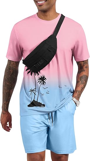 LecGee Men's 2 Piece Short Sleeve Tracksuit Tropical Graphic T Shirt Hawaiian Tee Solid Shorts Set Summer Casual Outfits