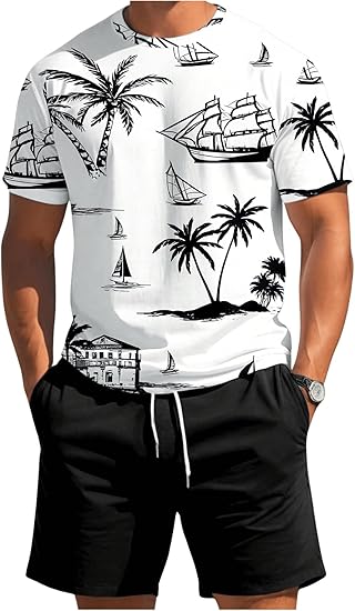Men's 2 Piece Outfits Tropical Graphic Short Sleeve T-Shirt and Drawstring Waist Shorts Sets