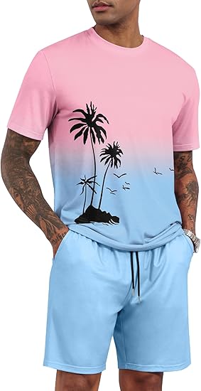 LecGee Men's 2 Piece Short Sleeve Tracksuit Tropical Graphic T Shirt Hawaiian Tee Solid Shorts Set Summer Casual Outfits
