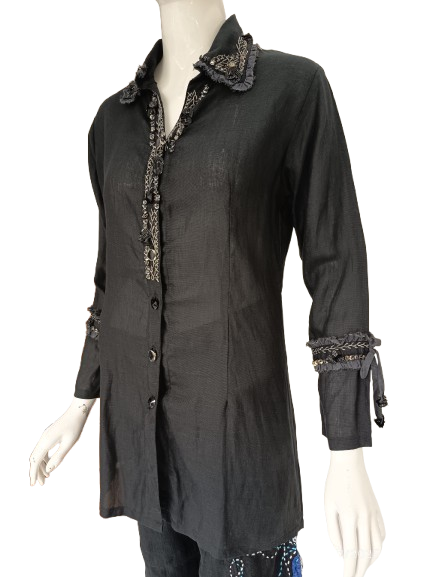 Black Embroidered Button-Up Shirt