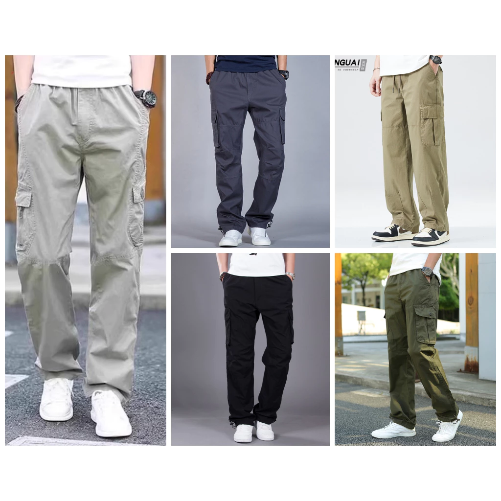 7 Colors Men's Cotton 6-Pocket Elastic waist Straight Pants（No Elasticity）