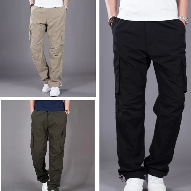 7 Colors Men's Cotton 6-Pocket Elastic waist Straight Pants（No Elasticity）