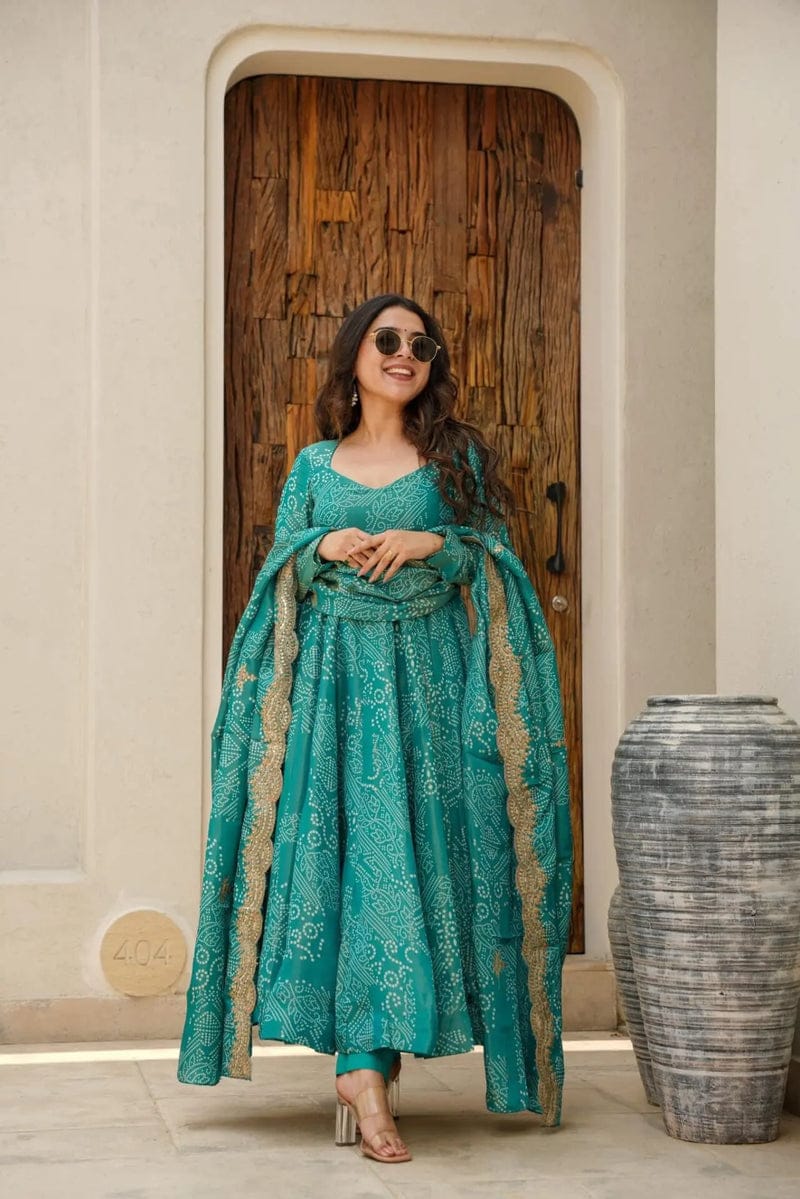 Teal Printed Anarkali Suit