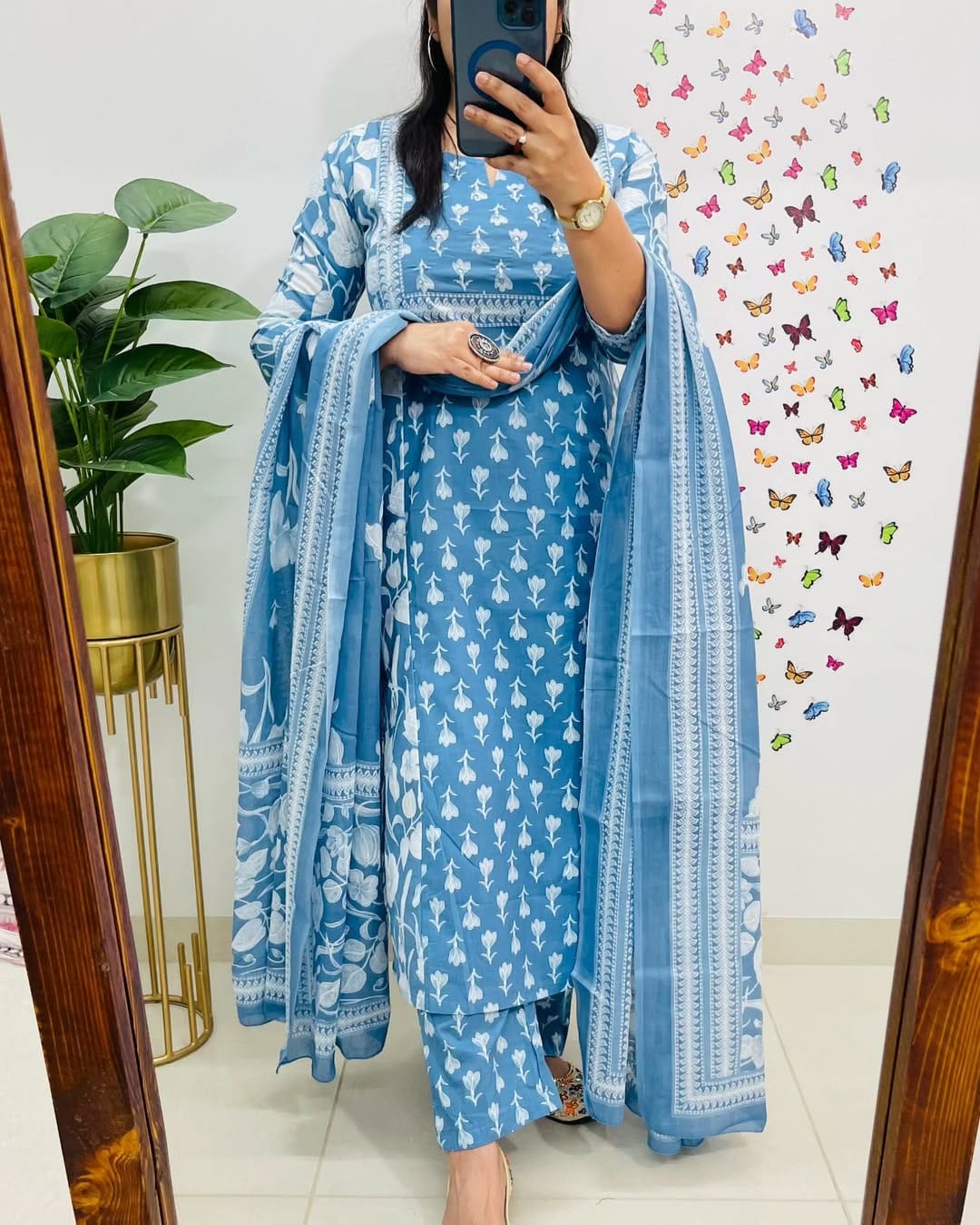 Blue Printed Cotton Suit Set