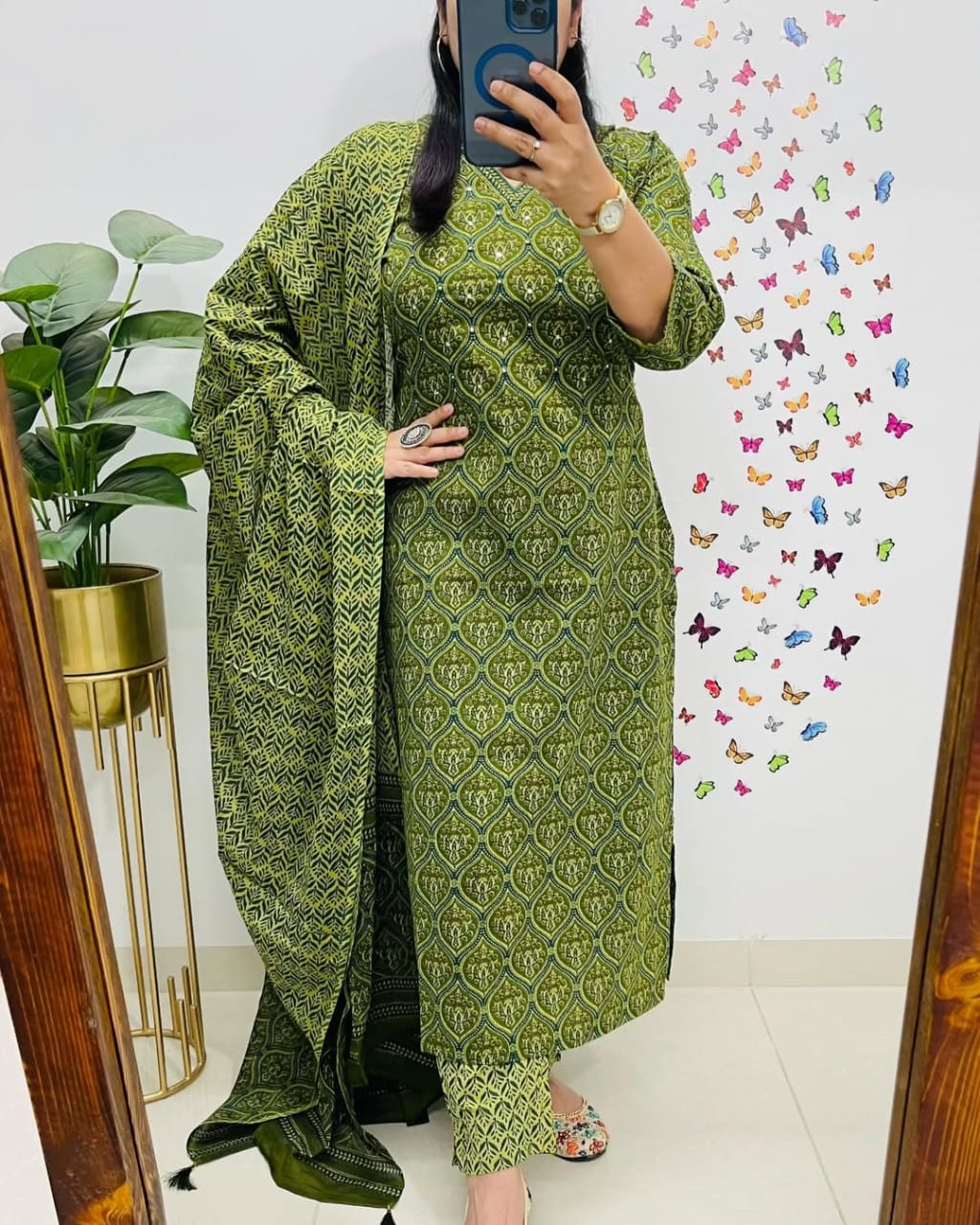 Green Printed Cotton Suit Set
