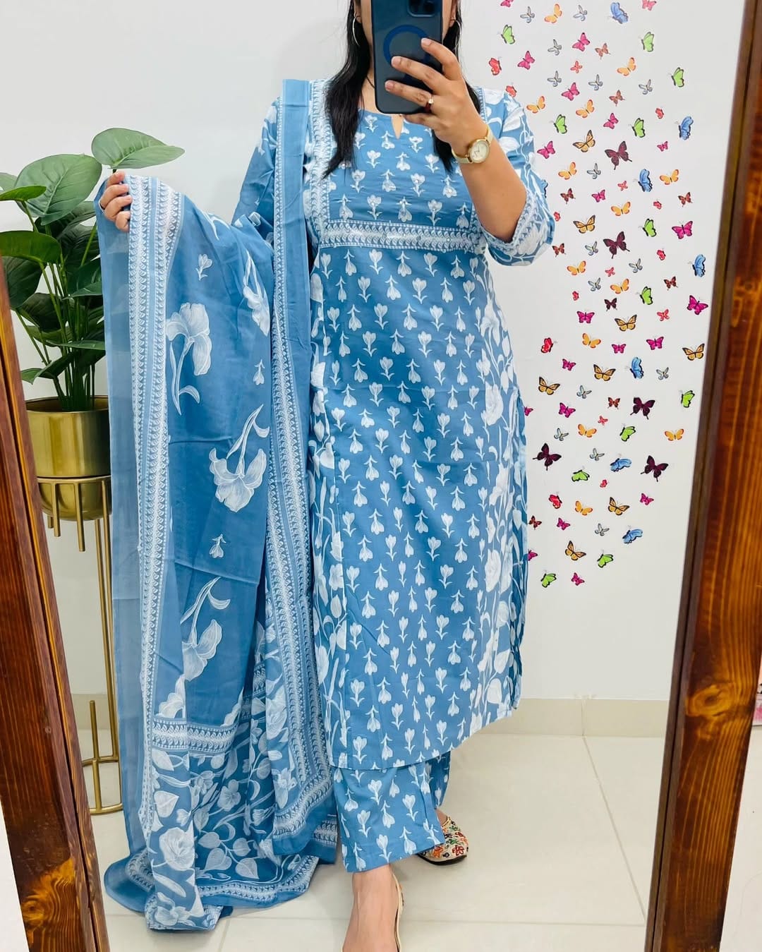Blue Printed Cotton Suit Set