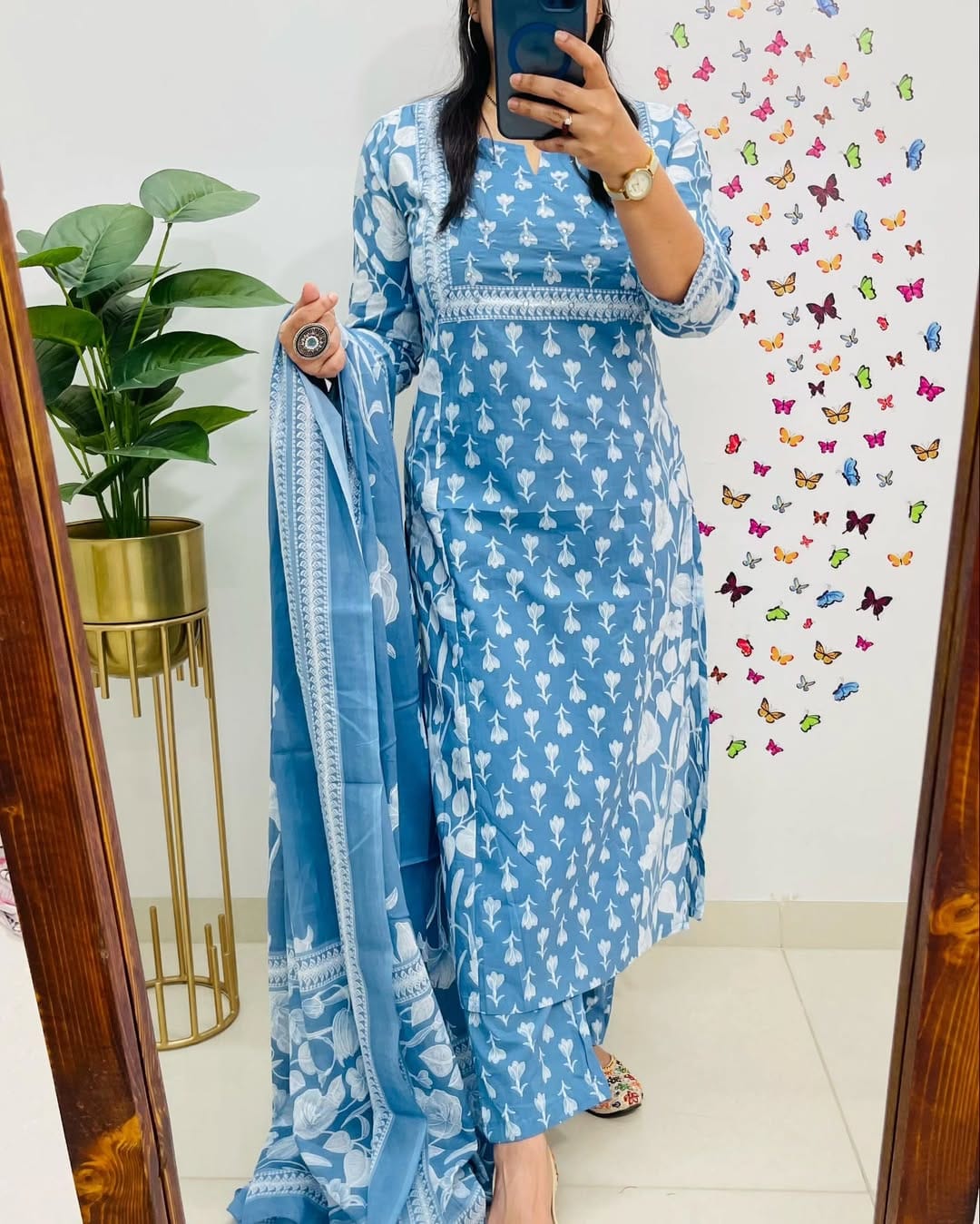 Blue Printed Cotton Suit Set