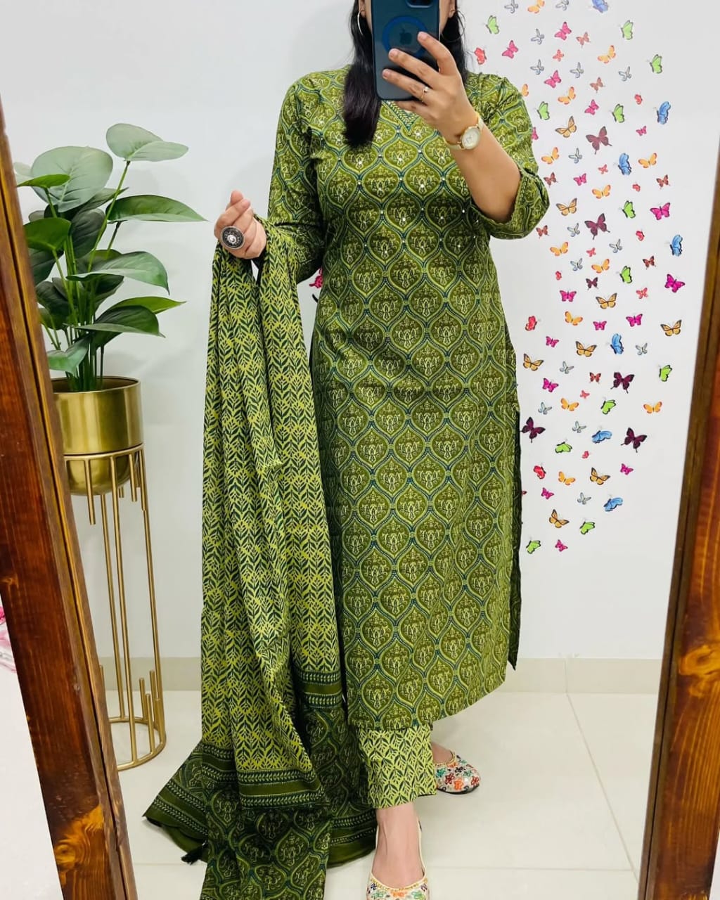 Green Printed Cotton Suit Set