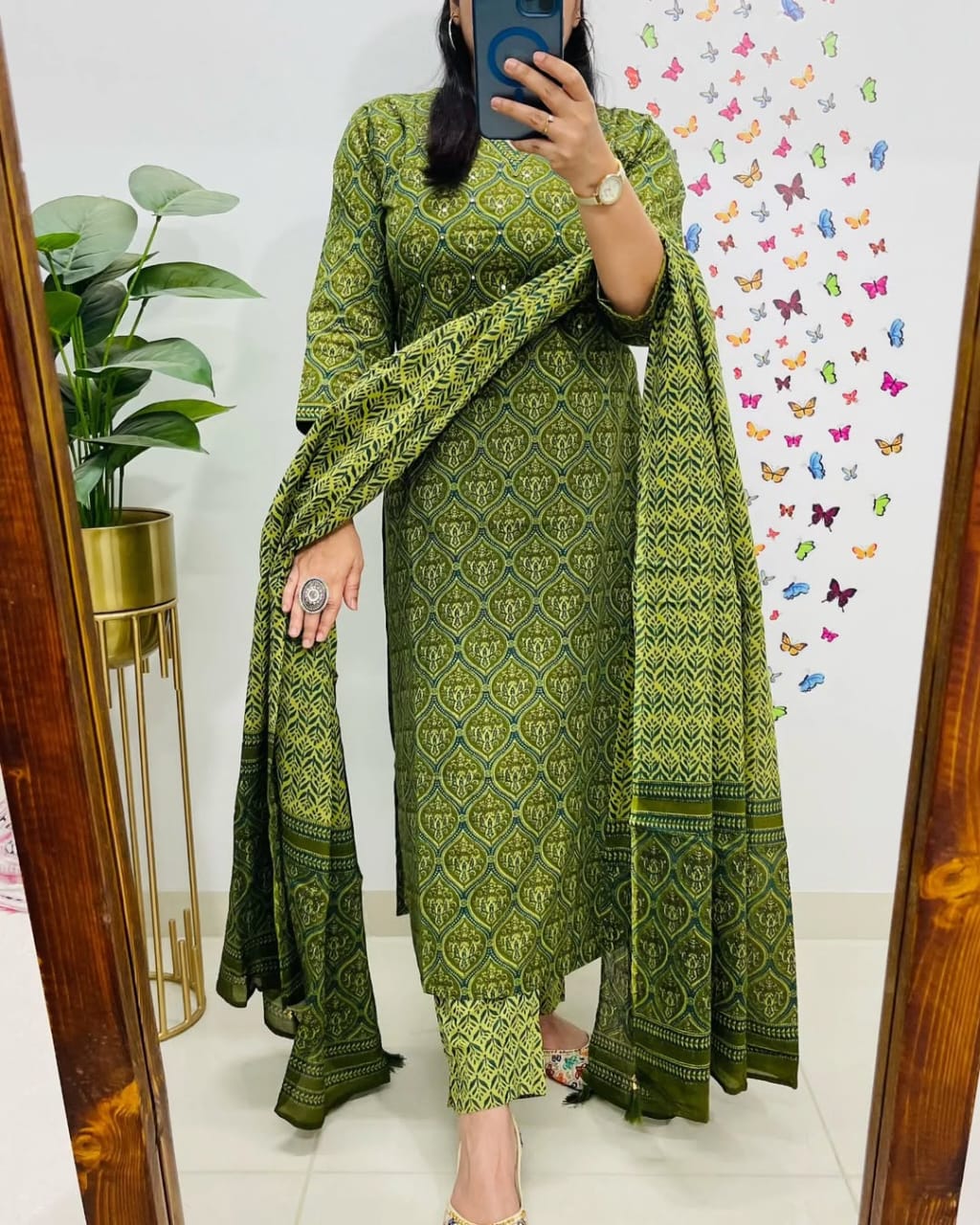 Green Printed Cotton Suit Set