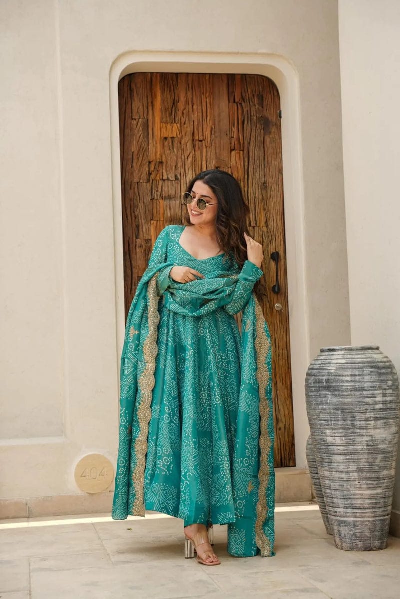 Teal Printed Anarkali Suit