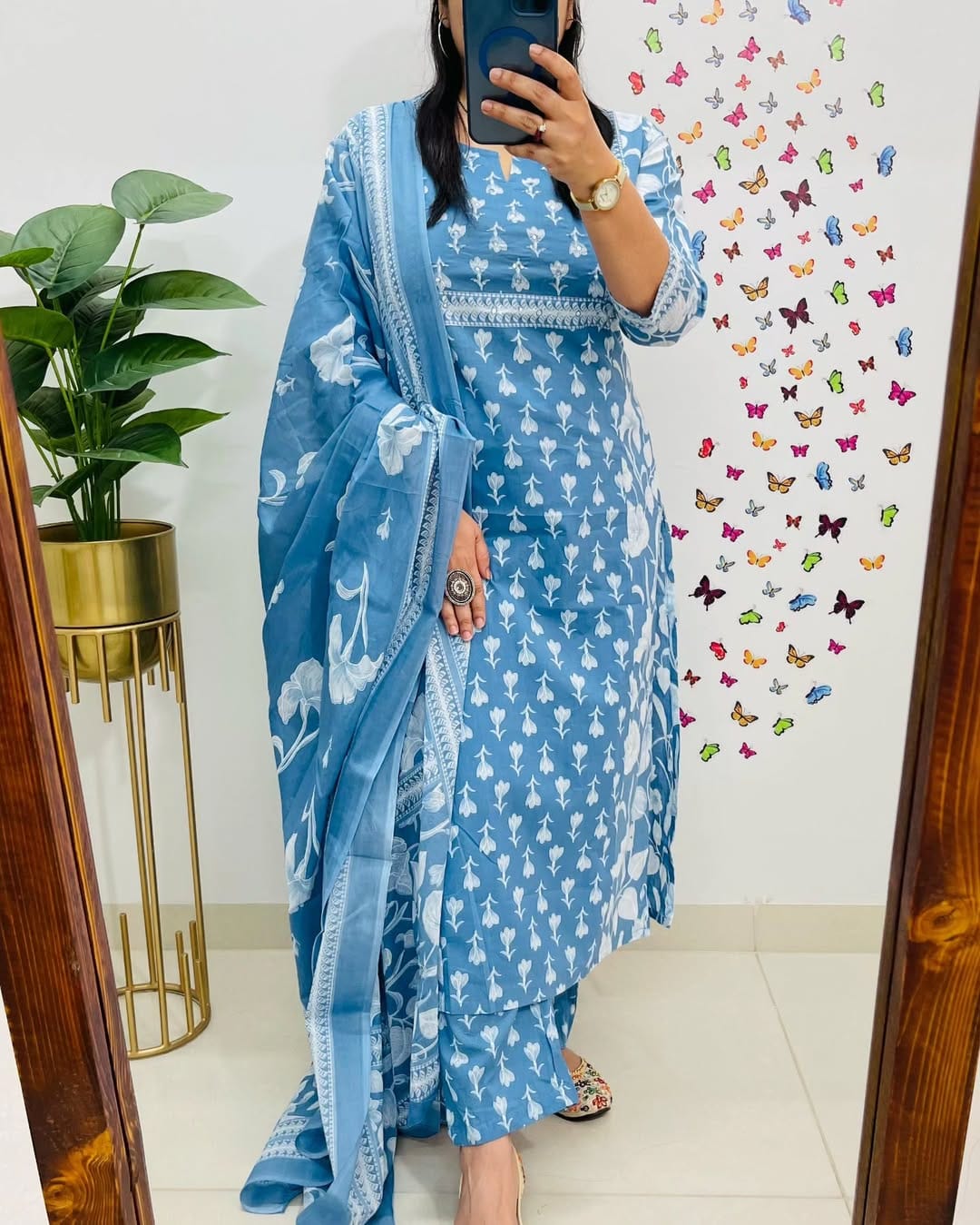 Blue Printed Cotton Suit Set